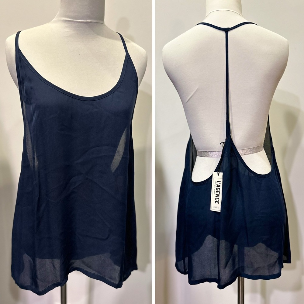 NWT L’Agence 100% sheer silk T-back navy camisole-3 - Picture 1 of 8